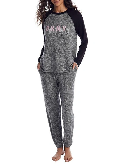 Shop Dkny Logo Knit Jogger Pajama Set In Black Marl