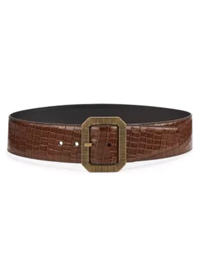 Shop Saint Laurent Snake-embossed Leather Belt In Brown