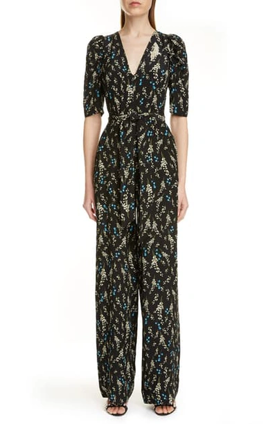 Shop Erdem Floral Print Belted Silk Jumpsuit In Black/ Blue Multi