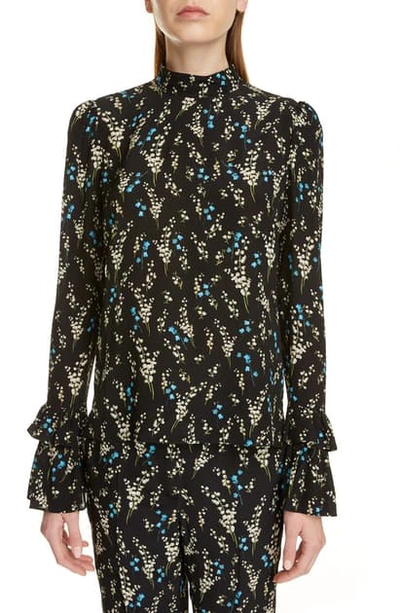 Shop Erdem Frill Cuff Silk Blouse In Black/ Blue Multi