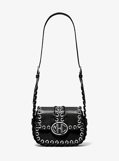 Shop Michael Kors Monogramme Small Whipstitch Leather Shoulder Bag In Black