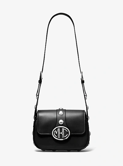 Shop Michael Kors Monogramme Small Studded Leather Shoulder Bag In Black