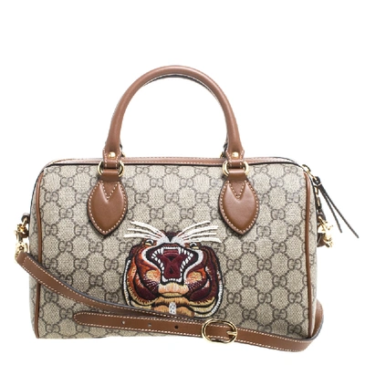 Pre-owned Gucci Brown/beige Gg Supreme Canvas Limited Edition Tiger Boston Bag