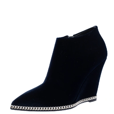 Pre-owned Giuseppe Zanotti Navy Blue Velvet Chain Embellished Wedge Ankle Boots Size 37