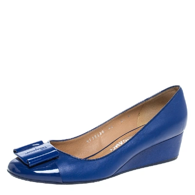 Pre-owned Ferragamo Blue Leather And Patent 'petra' Wedge Cap Toe Pumps Size 37