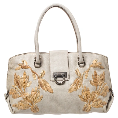 Pre-owned Ferragamo Ivory Embroidered Leather Sofia Satchel In White