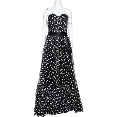 Pre-owned Dolce & Gabbana Black Polka Dot Embroidered Tulle Strapless Gown L