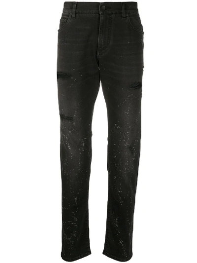 Shop Dolce & Gabbana Splatter-paint Straight-leg Jeans In Black