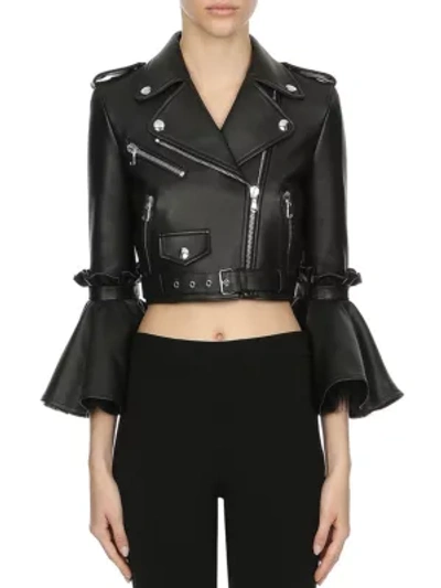 Shop Moschino Modern Marie Antoinette Cropped Leather Jacket In Black Multi