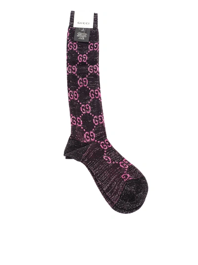 Shop Gucci Gg Knee Socks In Black And Pink