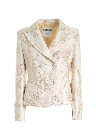 Shop Moschino Jacquard Double-breasted Jacket In Beige And Ocher