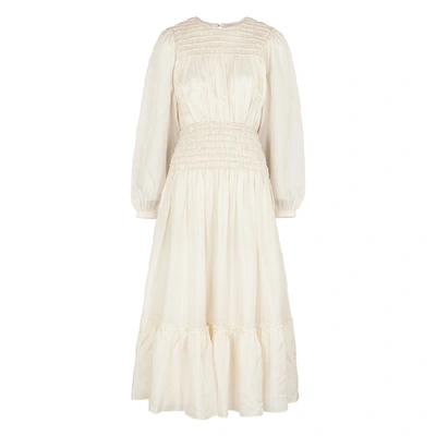 Shop Tory Burch Ivory Smocked Silk Midi Dress