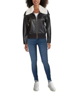 guess leather jacket with faux fur collar