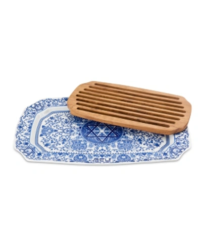 Spode Judaica Challah Tray With Wooden Insert In Blue