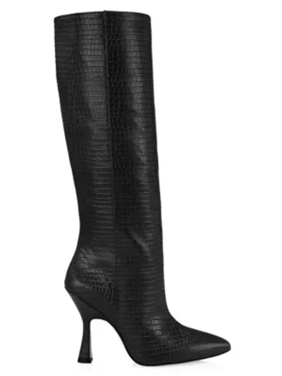 Shop Stuart Weitzman Parton Crocodile-embossed Leather Knee-high Boots In Black