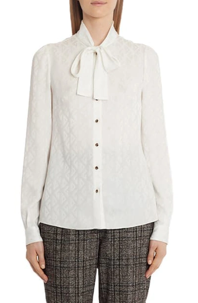 Shop Dolce & Gabbana Tie Neck Logo Jacquard Silk Shirt In Ivory
