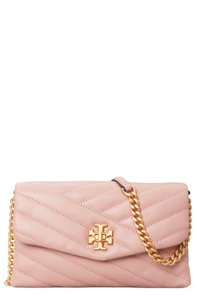Shop Tory Burch Kira Chevron Quilted Leather Wallet On A Chain In Pink Moon