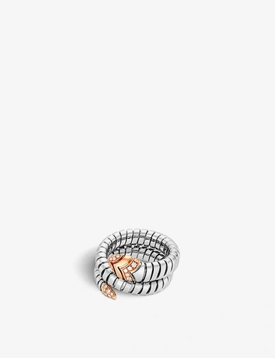 Shop Bvlgari Serpenti Tubogas 18kt Pink-gold, Diamond And Stainless Steel Ring
