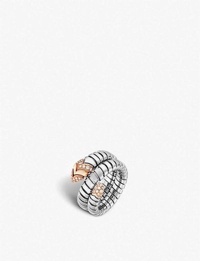 Shop Bvlgari Serpenti Tubogas 18kt Pink-gold, Diamond And Stainless Steel Ring