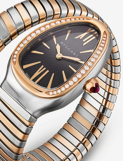 Shop Bvlgari Serpenti Tubogas 18ct Pink-gold, Stainless Steel And Diamond Watch