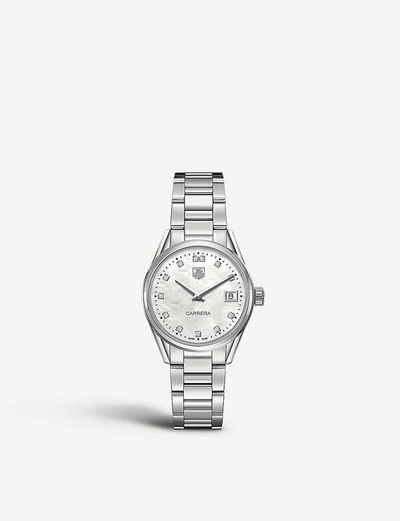 Shop Tag Heuer War1314.ba0773 Carrera Stainless Steel And Mother-of-pearl Watch, Women's In Silver
