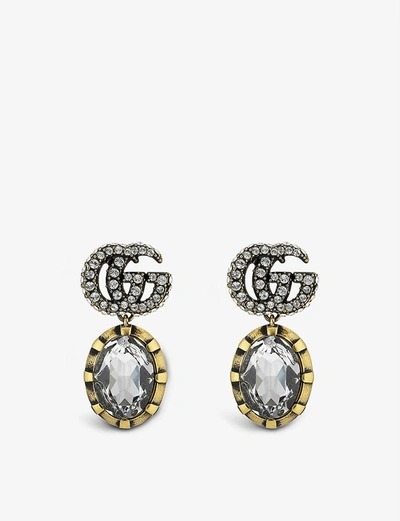 Shop Gucci Women's Brass Marmont Crystal And Gold-tone Brass Earrings