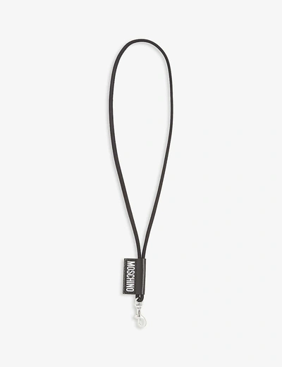 Shop Moschino Logo Tab Leather Lanyard In Black Black