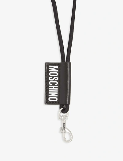 Shop Moschino Logo Tab Leather Lanyard In Black Black