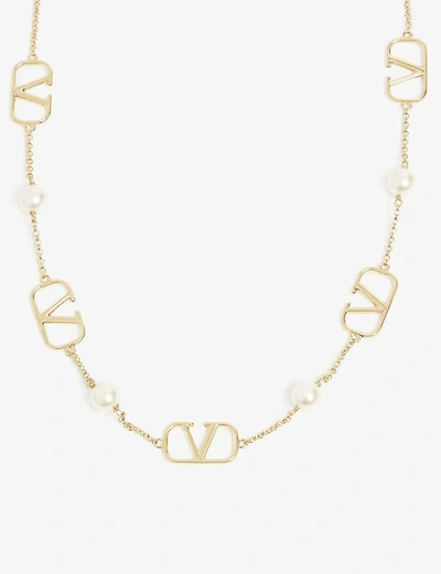Shop Valentino V Logo 18ct Gold And Pearl Necklace In Gold/pearl
