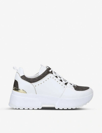 Shop Michael Michael Kors Cosmo Panelled Leather And Canvas Trainers In White/oth