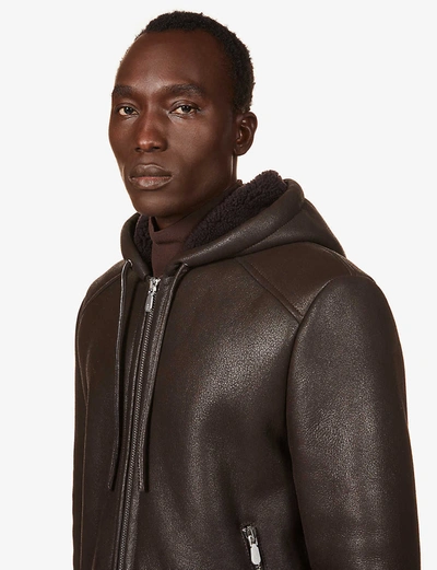 Shop Eleventy Shearling And Leather Bomber Jacket In Chocolate