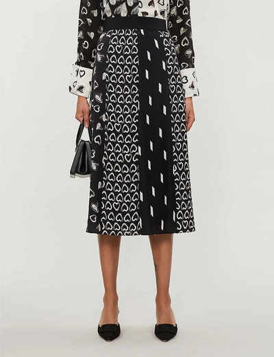 Shop Alice And Olivia Melda Graphic-print High-waisted Chiffon Midi Skirt In Amore+rbn+tape+blk+sw