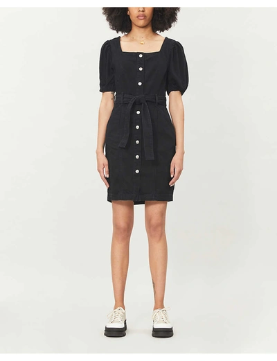 Shop Topshop Puffed-sleeve Denim Mini Dress In Washed Black