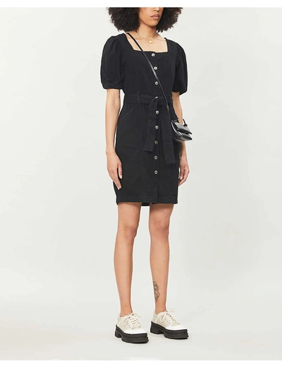 Shop Topshop Puffed-sleeve Denim Mini Dress In Washed Black