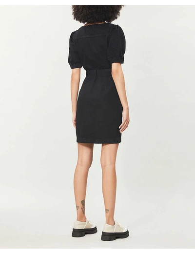 Shop Topshop Puffed-sleeve Denim Mini Dress In Washed Black