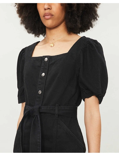 Shop Topshop Puffed-sleeve Denim Mini Dress In Washed Black