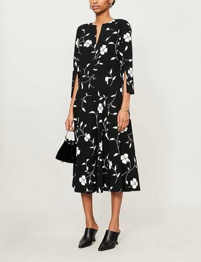 Shop Oscar De La Renta Pleated Floral-print Wool-blend Midi Dress In Black