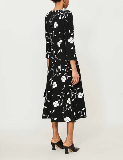Shop Oscar De La Renta Pleated Floral-print Wool-blend Midi Dress In Black
