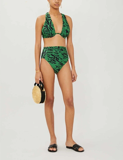 Shop Self-portrait Leopard-print Ruched Bikini Bottoms In Green+black