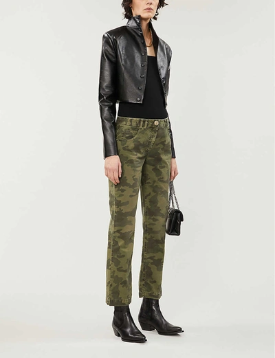 Shop Balmain Camouflage-print Straight Mid-rise Stretch-cotton Trousers