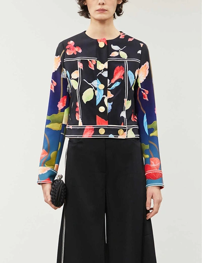 Shop Peter Pilotto Cropped Floral-print Stretch-woven Jacket In Water Flower Black