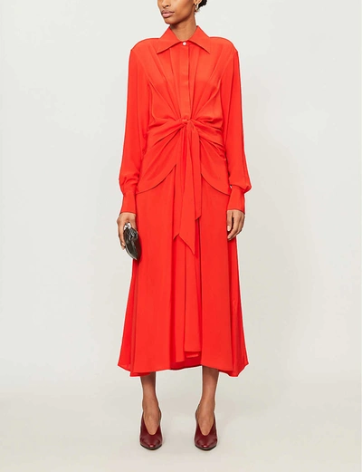 Shop Victoria Beckham Gathered Silk Midi Dress In Red+candy