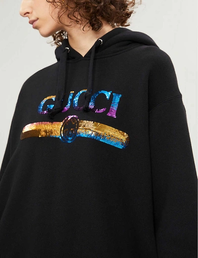 Shop Gucci Sequinned Logo-print Cotton-jersey Hoody In Natural+purple