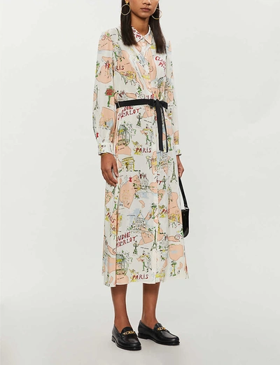 Shop Claudie Pierlot Paris-print Silk-crepe Midi Dress