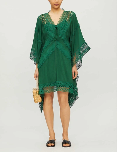 Shop Self-portrait Lace Insert Cape-sleeve Kaftan In Green