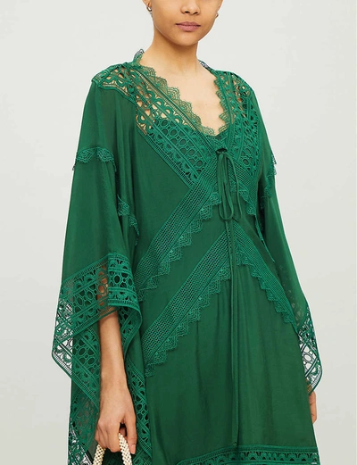 Shop Self-portrait Lace Insert Cape-sleeve Kaftan In Green