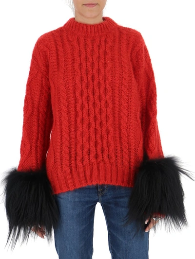Shop Prada Fur Trim Cable Knit Sweater In Red