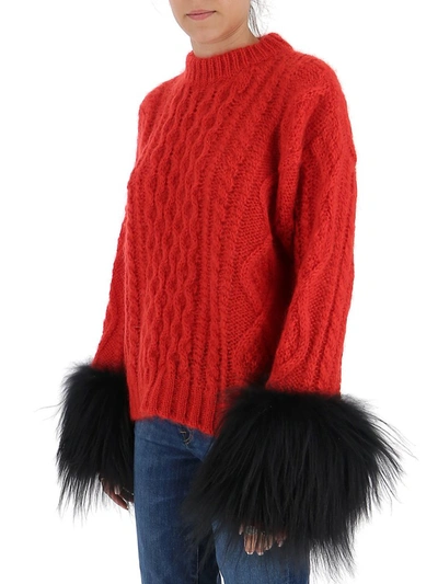 Shop Prada Fur Trim Cable Knit Sweater In Red