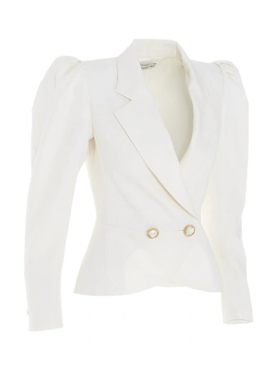 Shop Alessandra Rich Double Breasted Padded Shoulder Blazer In White