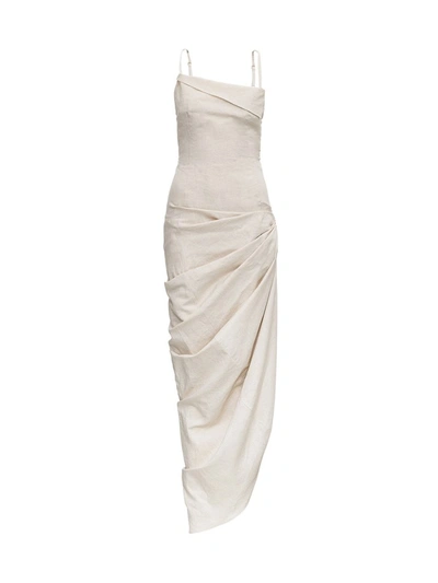 Shop Jacquemus Saudade Asymmetrical Open Back Dress In Beige